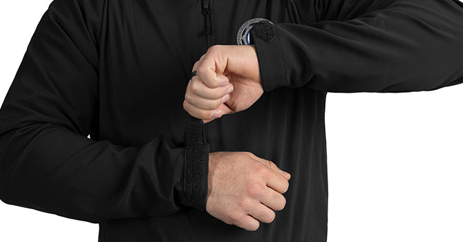 Hook/loop tab closure for easy adjustment to seal in warmth and protect from mild weather.