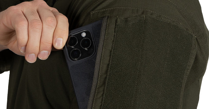 Our oversized, zip secured sleeve pockets provide ample space for tourniquets, pens, or any other gear you might need during your mission, along with a loop overlay for I.D. patches.