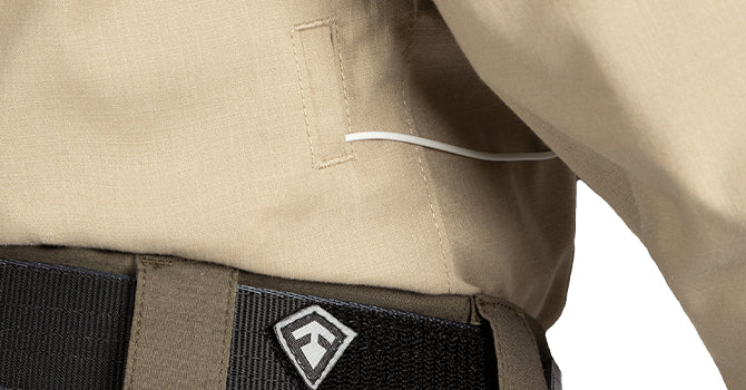 The Pro Duty Uniform Shirt has two welted cord ports that allow media cables to be easily passed through, without compromising your professional uniform appearance.