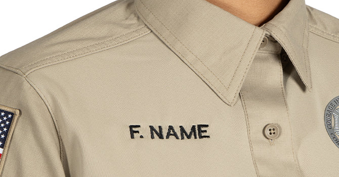The no curl collar with integrated collar stay features a hidden button down for that professional look while on duty.