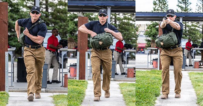 Twist the bag to the front of the body to ergonomically align the hand to the CCW pocket position.