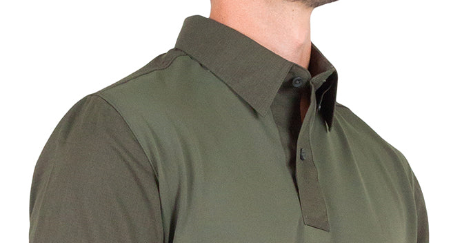 The no curl collar with integrated collar stay features a hidden button down for that professional look while on duty.