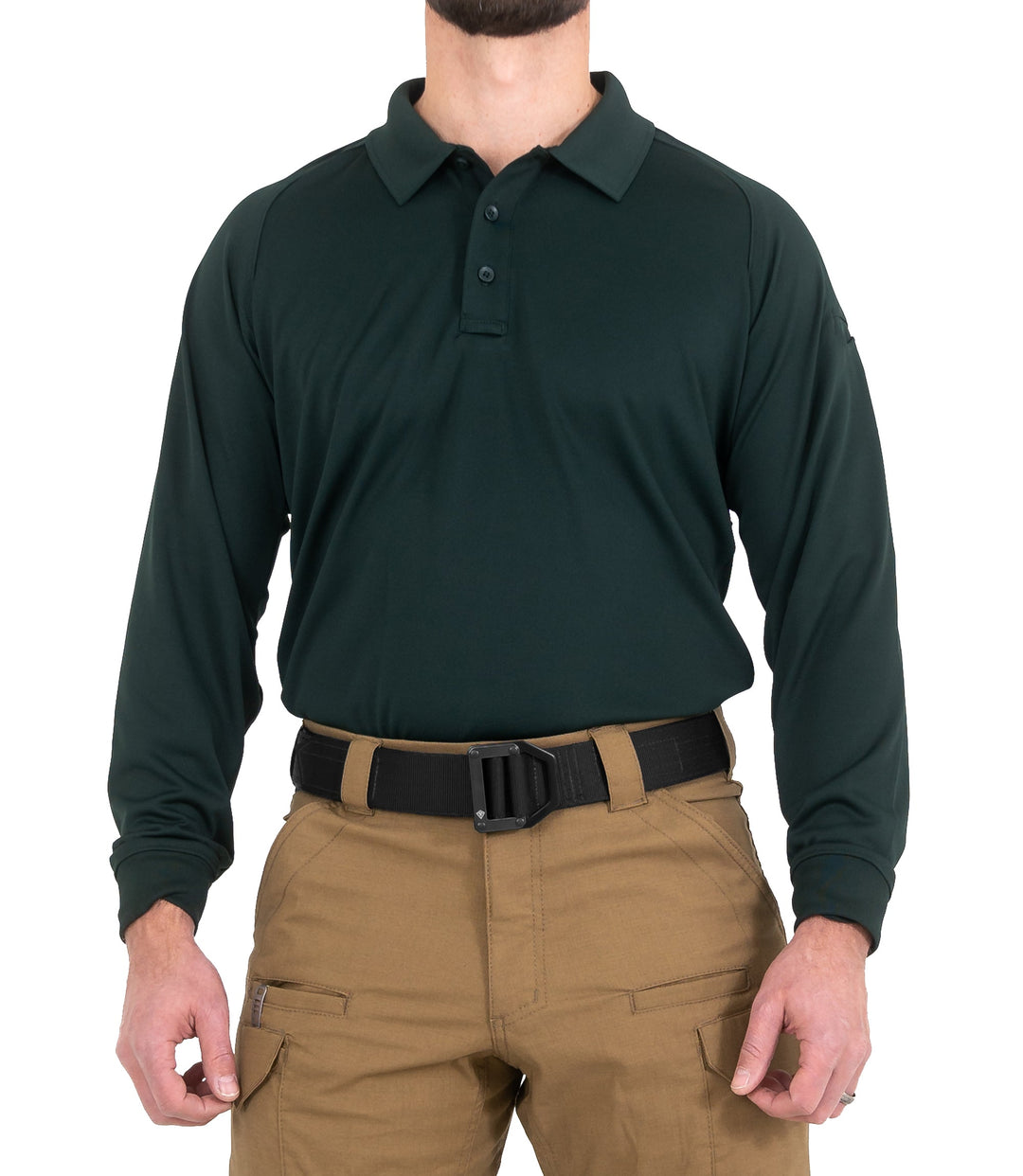 Front of Men's Performance Long Sleeve Polo in Spruce Green