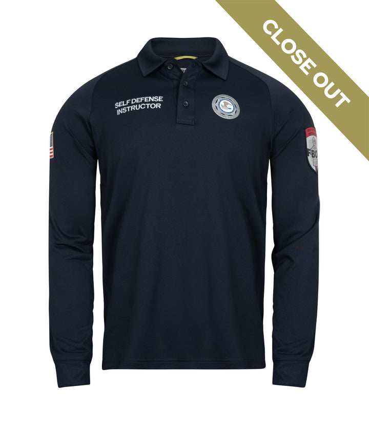 Front view of Self Defense Instructor Men's Performance Long Sleeve Polo with Close Out badge banner