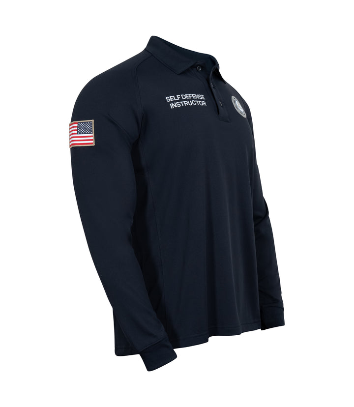 Front 1/4 right side view of Self Defense Instructor Men's Performance Long Sleeve Polo
