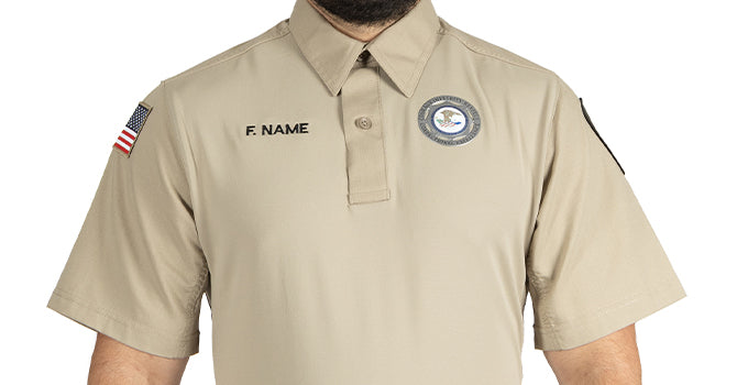 The no curl collar with integrated collar stay features a hidden button down for that professional look while on duty.