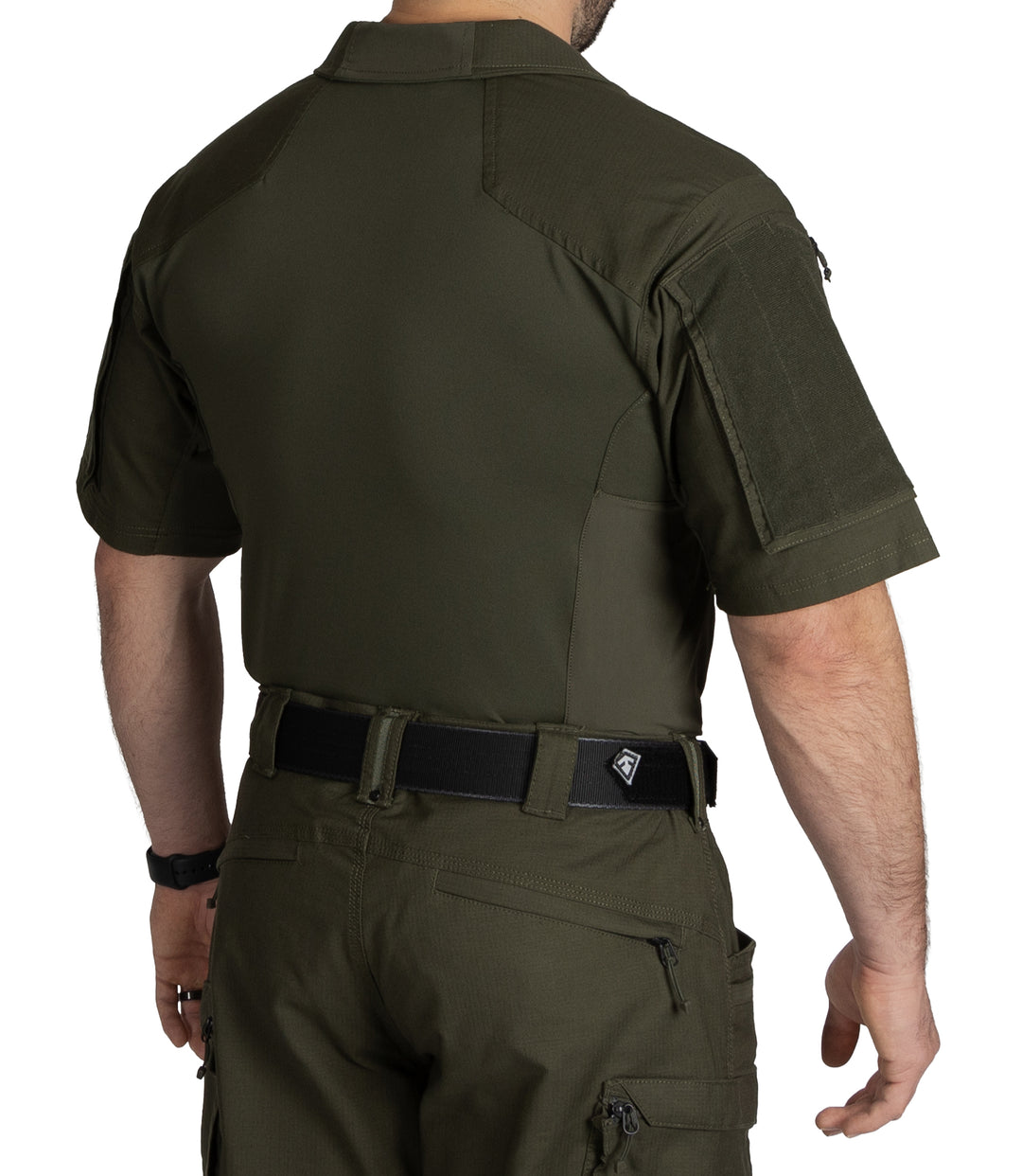 Back of Men's Defender Short Sleeve Shirt in OD Green