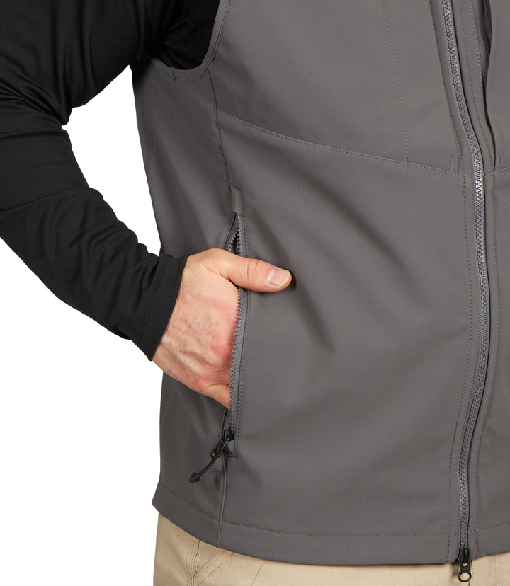 Front Pocket of Men's Tactix Softshell Vest in Wolf Grey