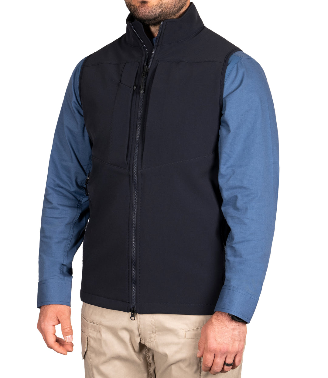 Front 1/4 of Men's Tactix Softshell Vest in Midnight Navy