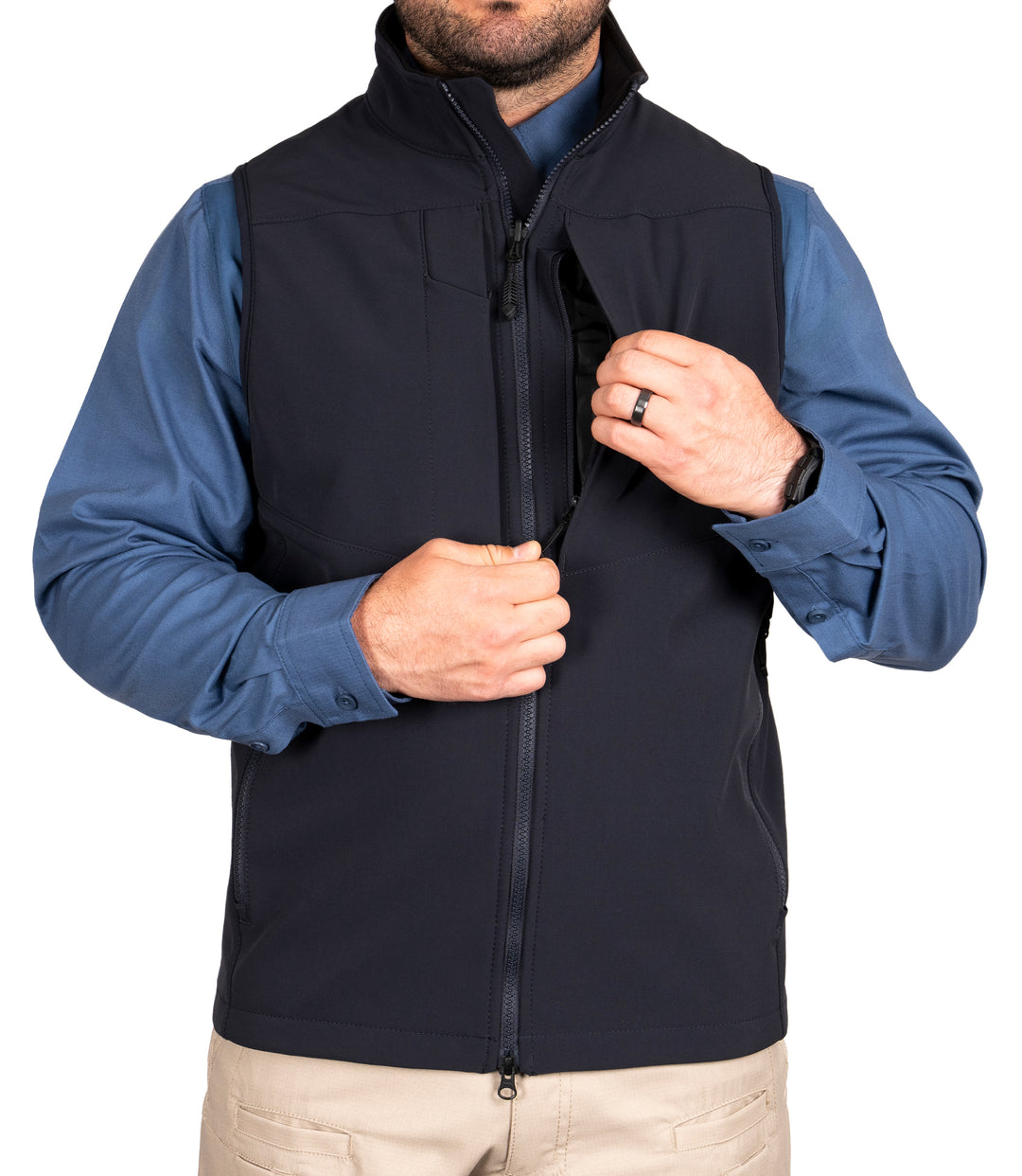 Front Pocket of Men's Tactix Softshell Vest in Midnight Navy