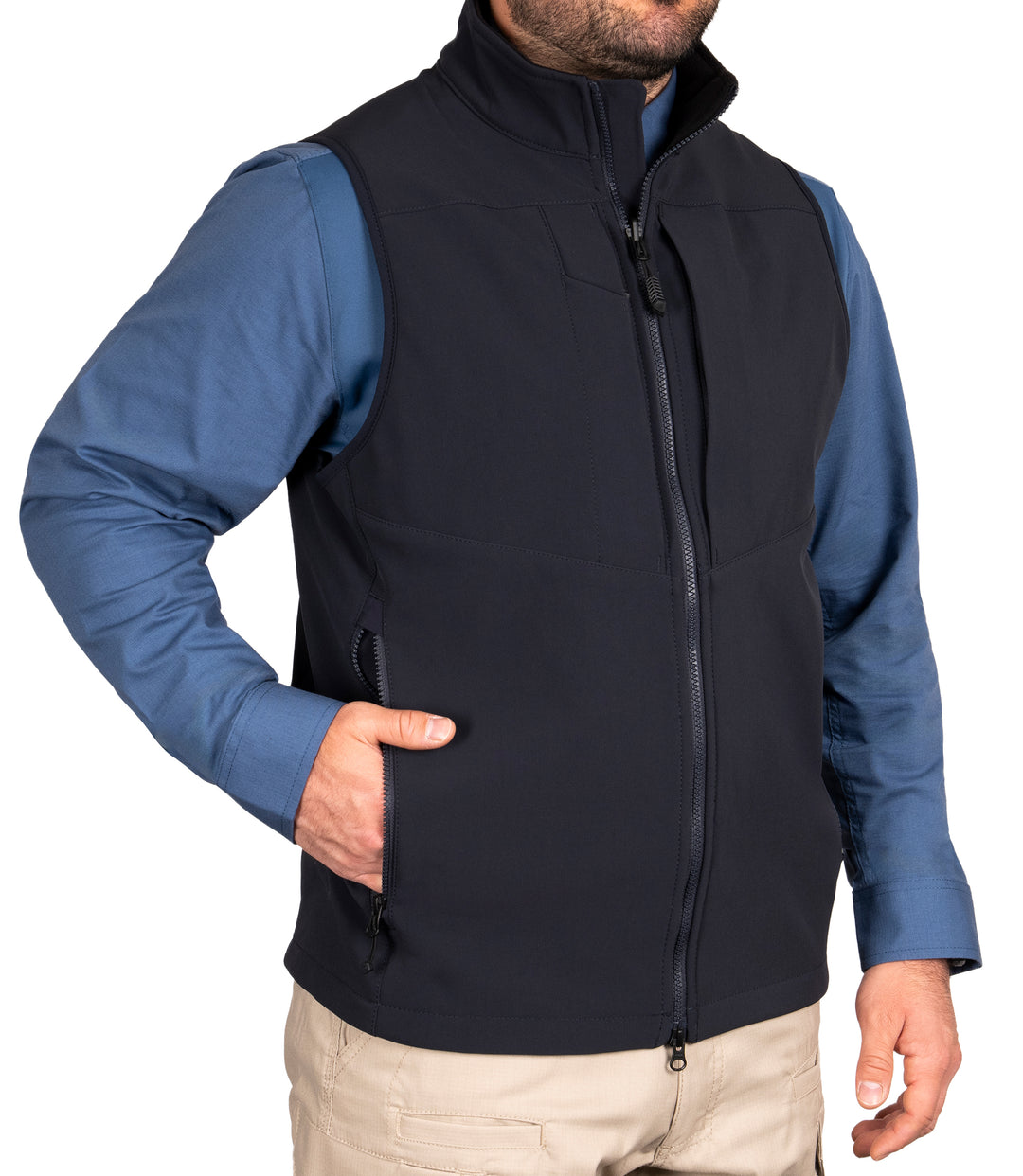 Front Pocket of Men's Tactix Softshell Vest in Midnight Navy