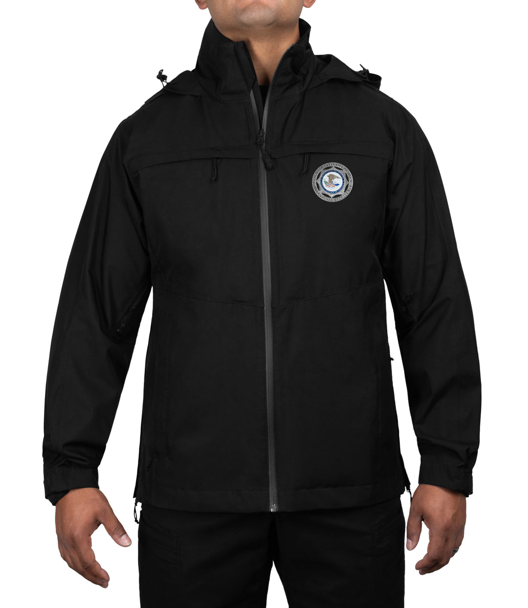 Front zip up view of Monsoon parka in color black |color_black