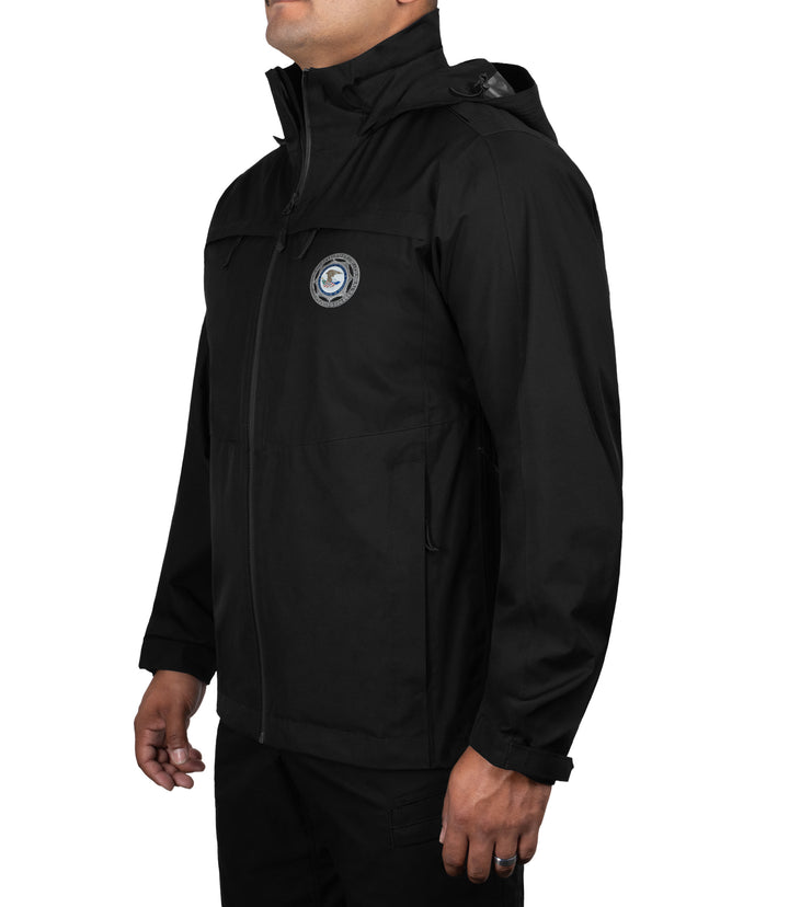 Left side front 1/4 view of the Monsoon Parka with hood attached in color black |color_black