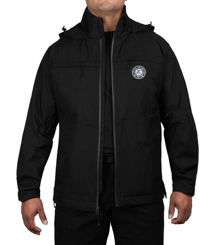 Front unzip view of Monsoon parka in color black |color_black