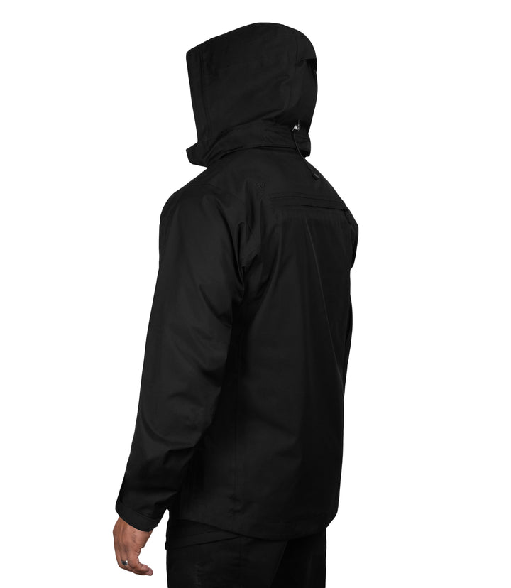 Left side back 1/4 view hoodie up of the Monsoon Parka in color black |color_black