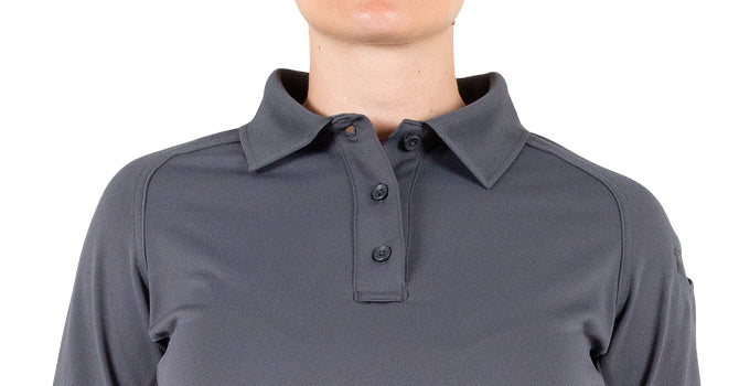 The polo design incorporates three mic/media/pen/eyewear loops at shoulders and bottom of front placket for quick, convenient access.