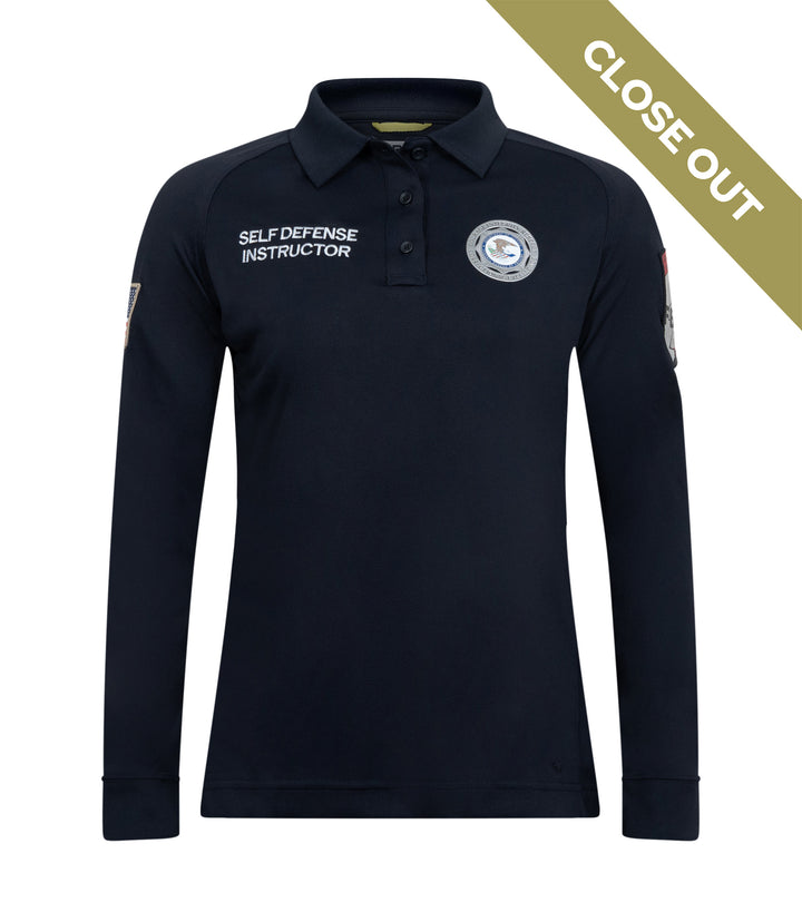 Front view of Self Defense Instructor Women's Performance Long Sleeve Polo with Close out badge banner