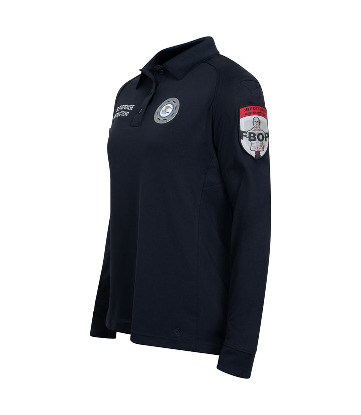 Front 1/4 left side view of Self Defense Instructor Women's Performance Long Sleeve Polo