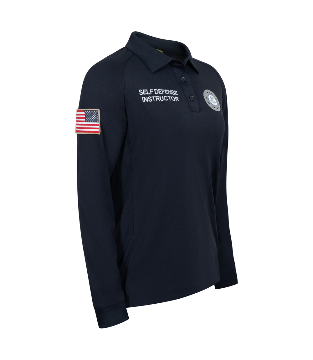 Front 1/4 right side view of Self Defense Instructor Women's Performance Long Sleeve Polo