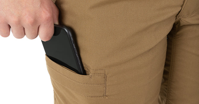 The A2 pant features two generously-sized recessed utility pockets, designed to accommodate large cell phones and kit.