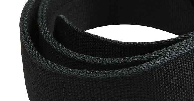 Sturdy, high density webbing is strong, designed with a twill weave edge for smoother belt loop feeding, and ergonomically curved to follow the natural waist.