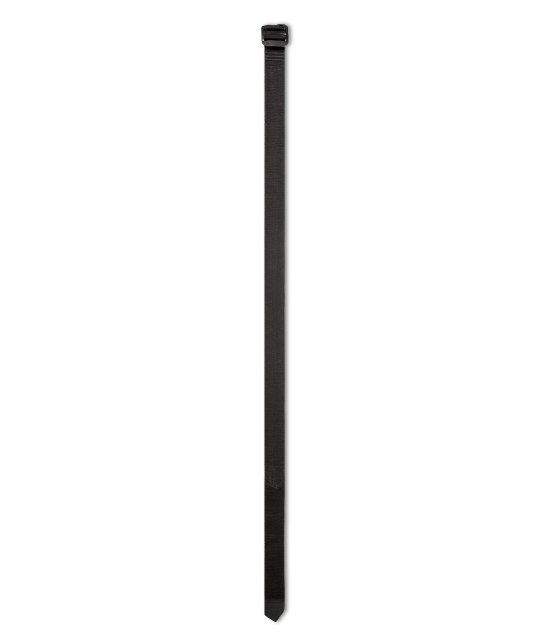 Full straight shape image of black belt with a black plastic buckle, shown vertically against a plain white background |color_black