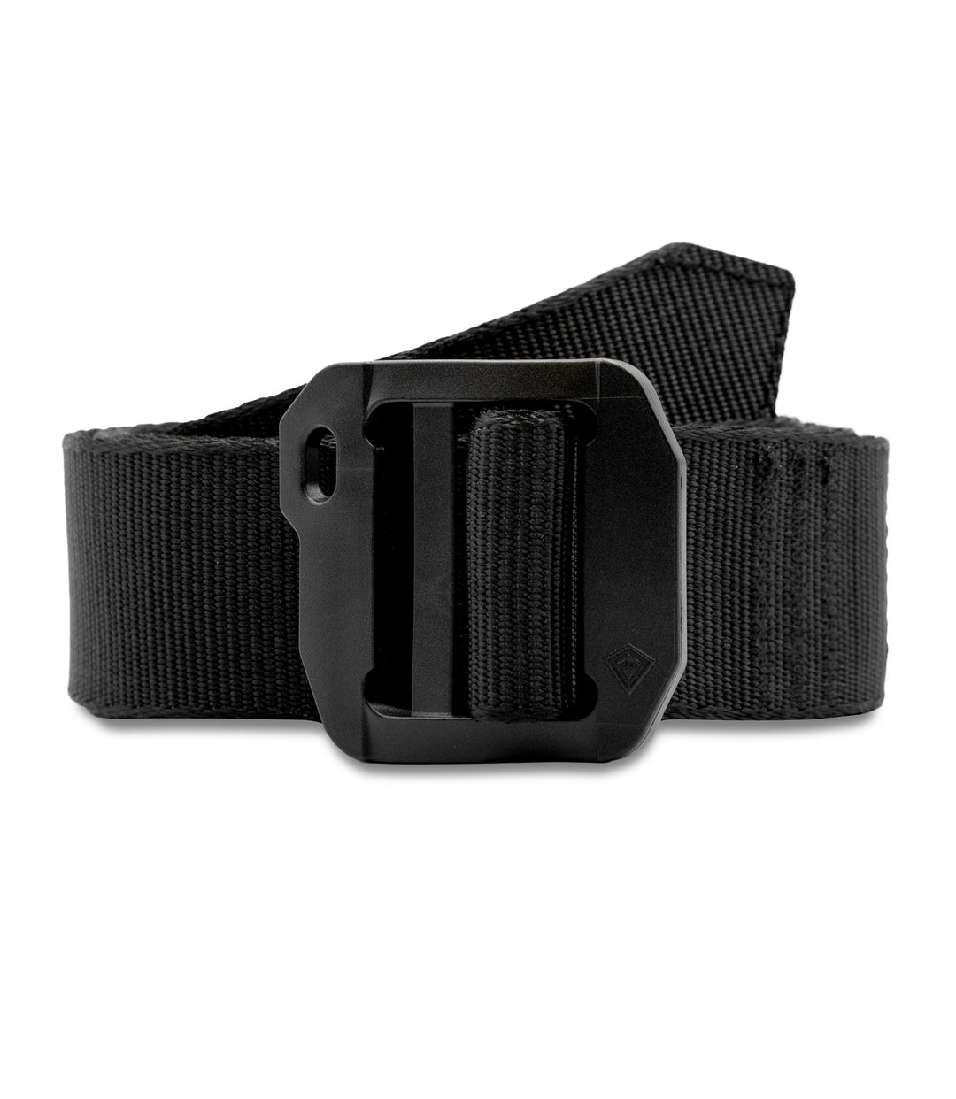 Front view of a black tactical belt with double bar buckle design for low profile lock, shown on a clean white background |color_black