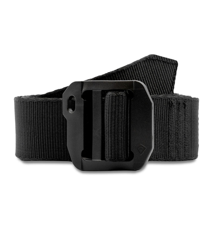 Front view of a black tactical belt with double bar buckle design for low profile lock, shown on a clean white background |color_black