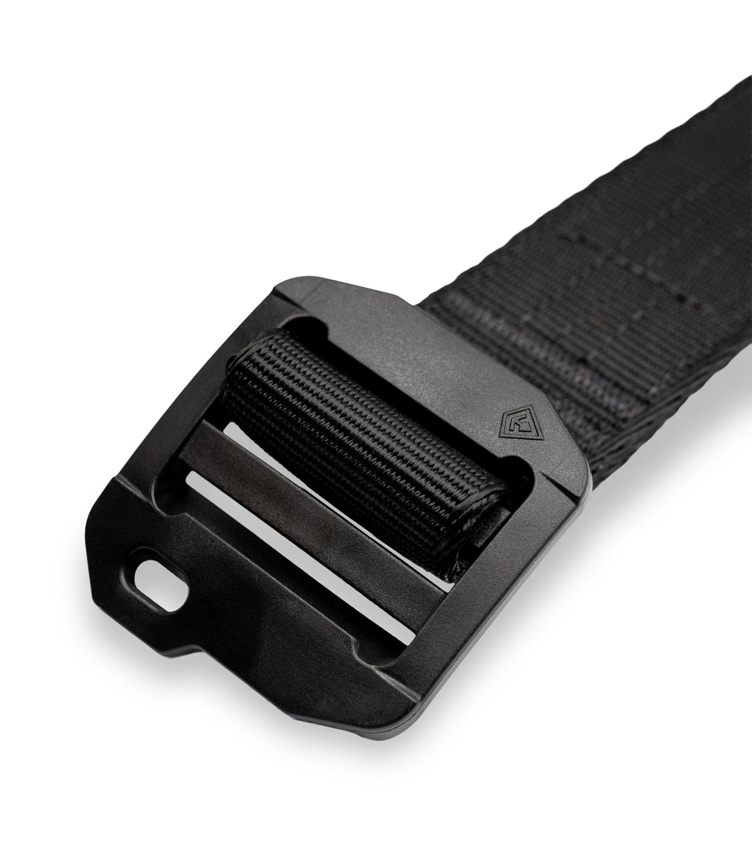 A close-up of a black tactical web belt with a matte black plastic quick-release buckle, shown on a clean white background |color_black