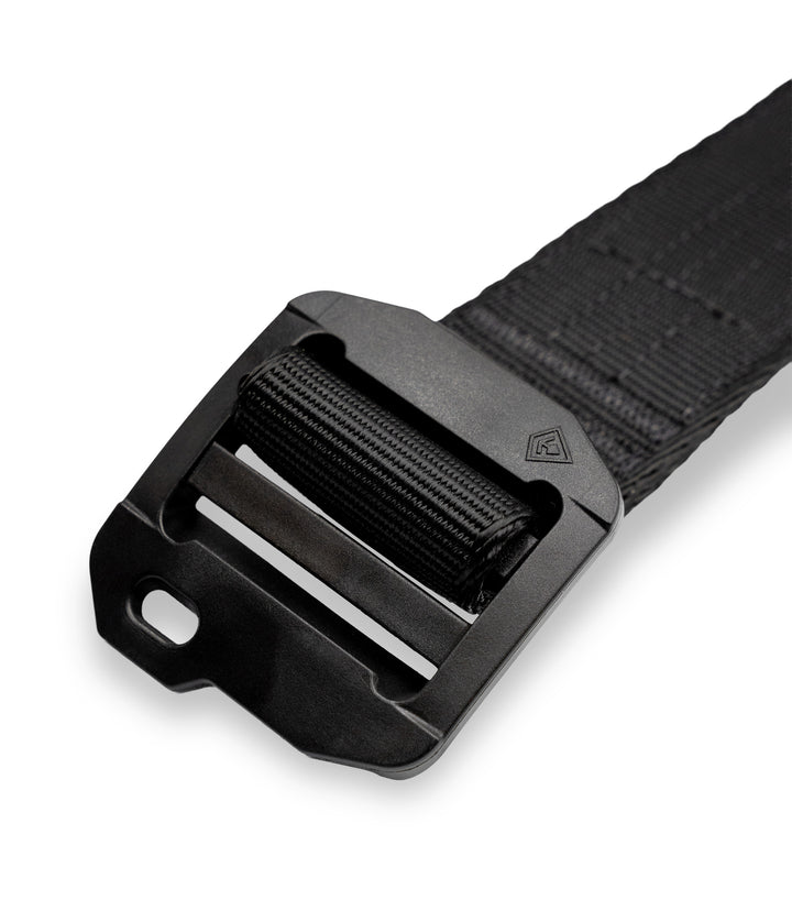 A close-up of a black tactical web belt with a matte black plastic quick-release buckle, shown on a clean white background |color_black