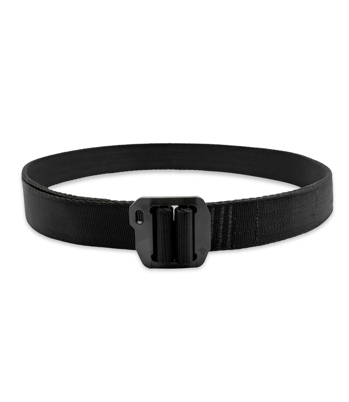 A black tactical web belt with a matte black plastic buckle, shown coiled on a plain white background |color_black