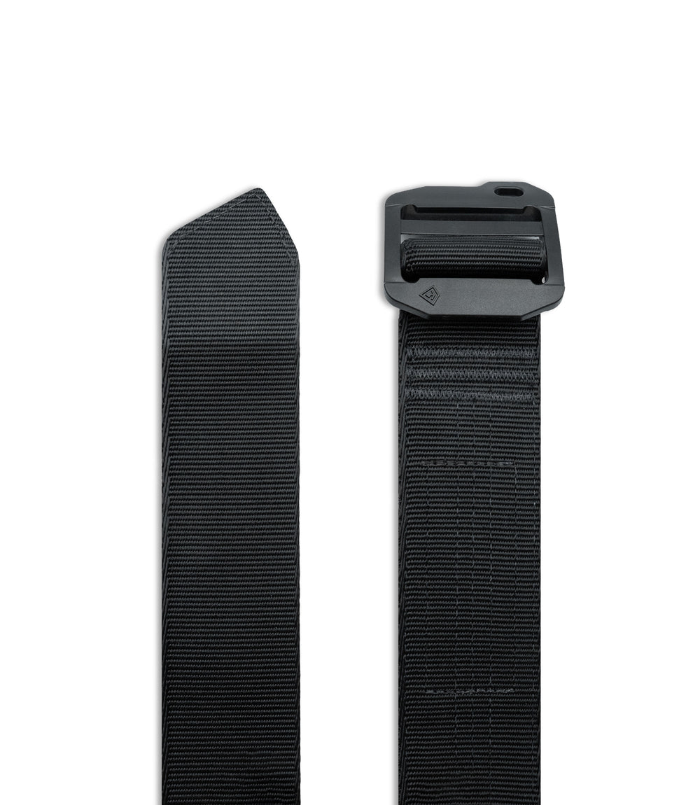 A black woven nylon webbing belt shown in two vertical sections on a plain white background, with one section displaying the pointed end tip and the other showing the black plastic buckle |color_black
