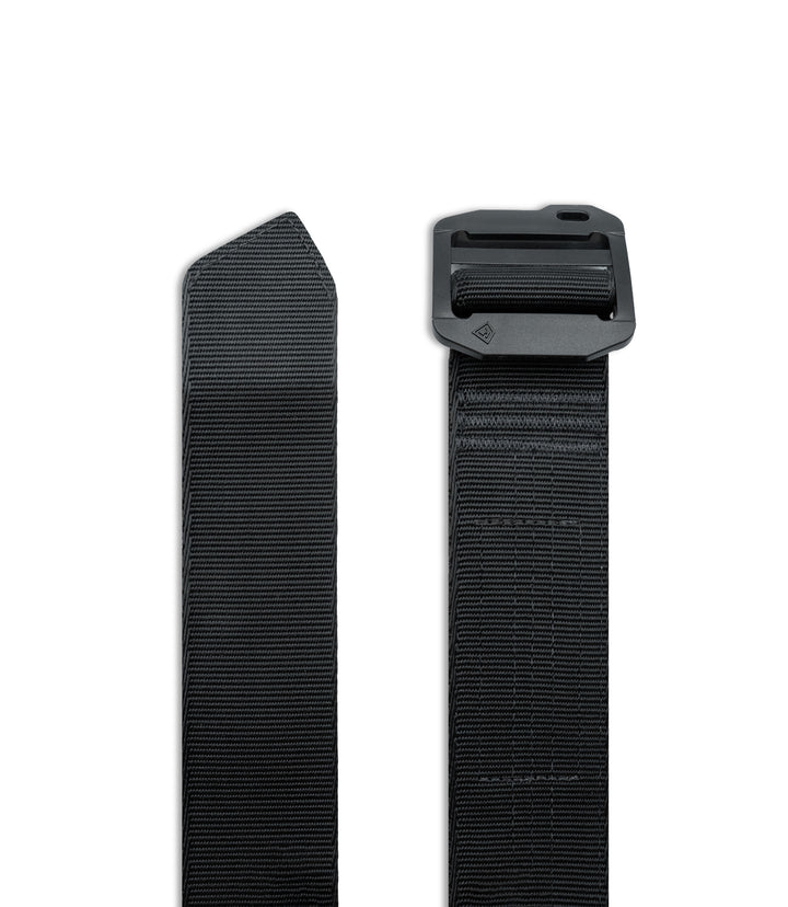 A black woven nylon webbing belt shown in two vertical sections on a plain white background, with one section displaying the pointed end tip and the other showing the black plastic buckle |color_black