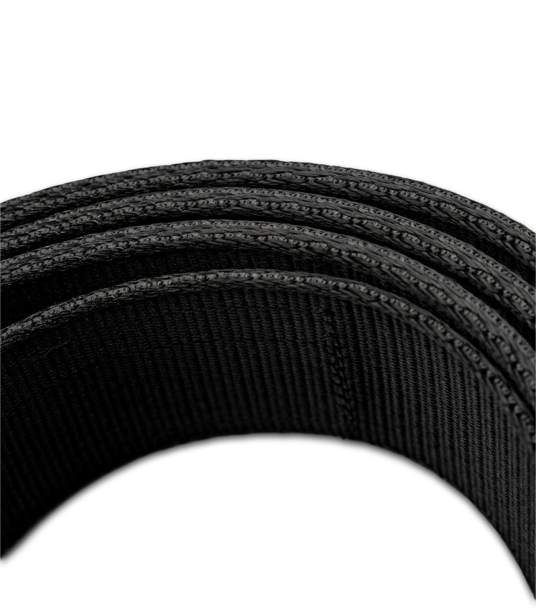 A close-up of a black textured double layer of heavy-duty nylon webbing elastic band, showing its ribbed woven pattern against a plain white background |color_black