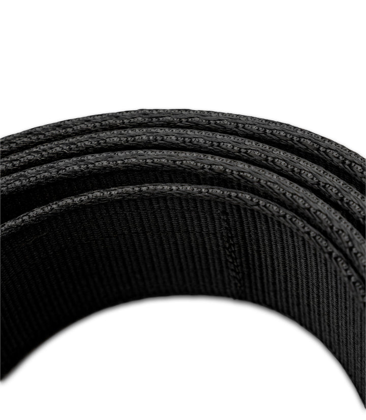 A close-up of a black textured double layer of heavy-duty nylon webbing elastic band, showing its ribbed woven pattern against a plain white background |color_black
