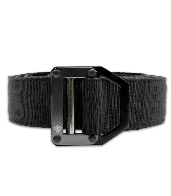 Front view of a black tactical web belt with a heavy-duty black metal buckle featuring a silver-toned center pin, shown on a plain white background |color_black