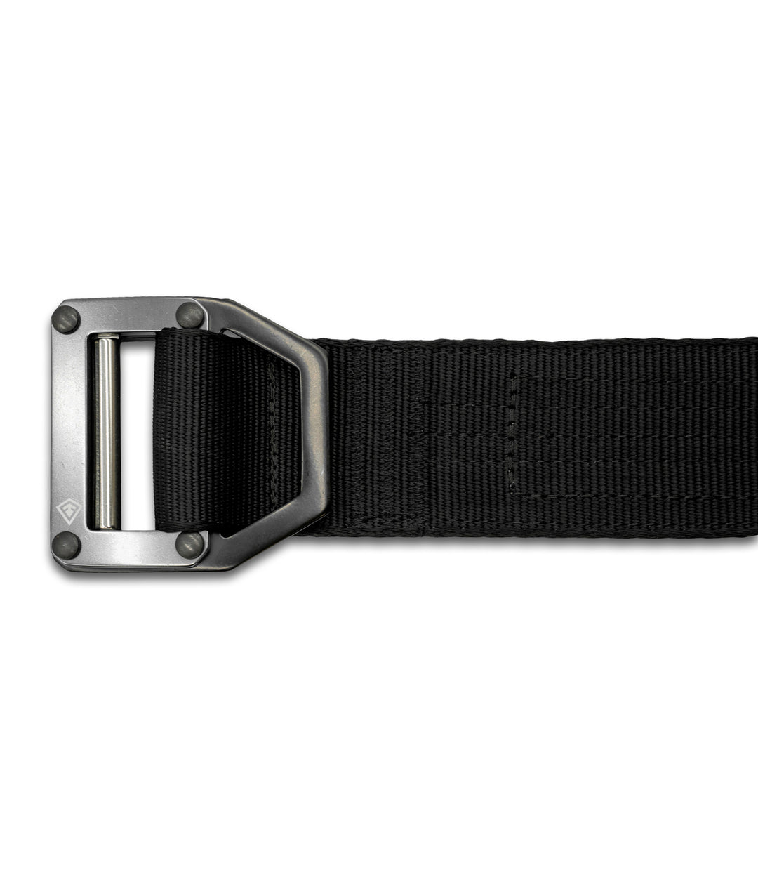 A close-up of a black webbed belt with a dark metallic buckle, shown against a plain white background |color_black