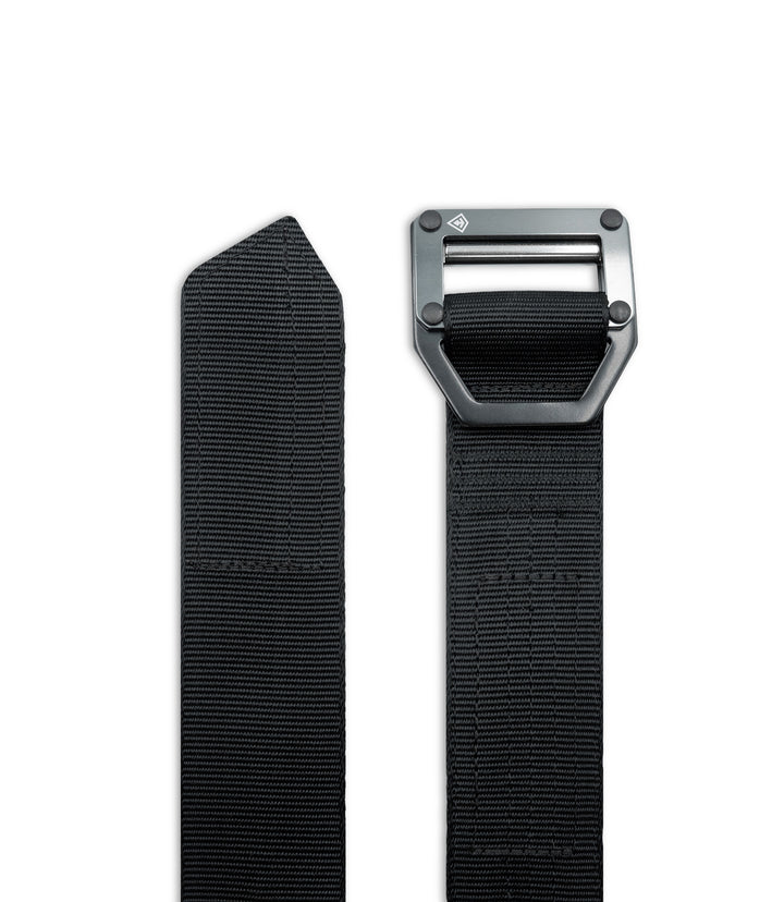 A black woven web belt with a dark gray metal buckle, shown in a split view on a plain white background |color_black