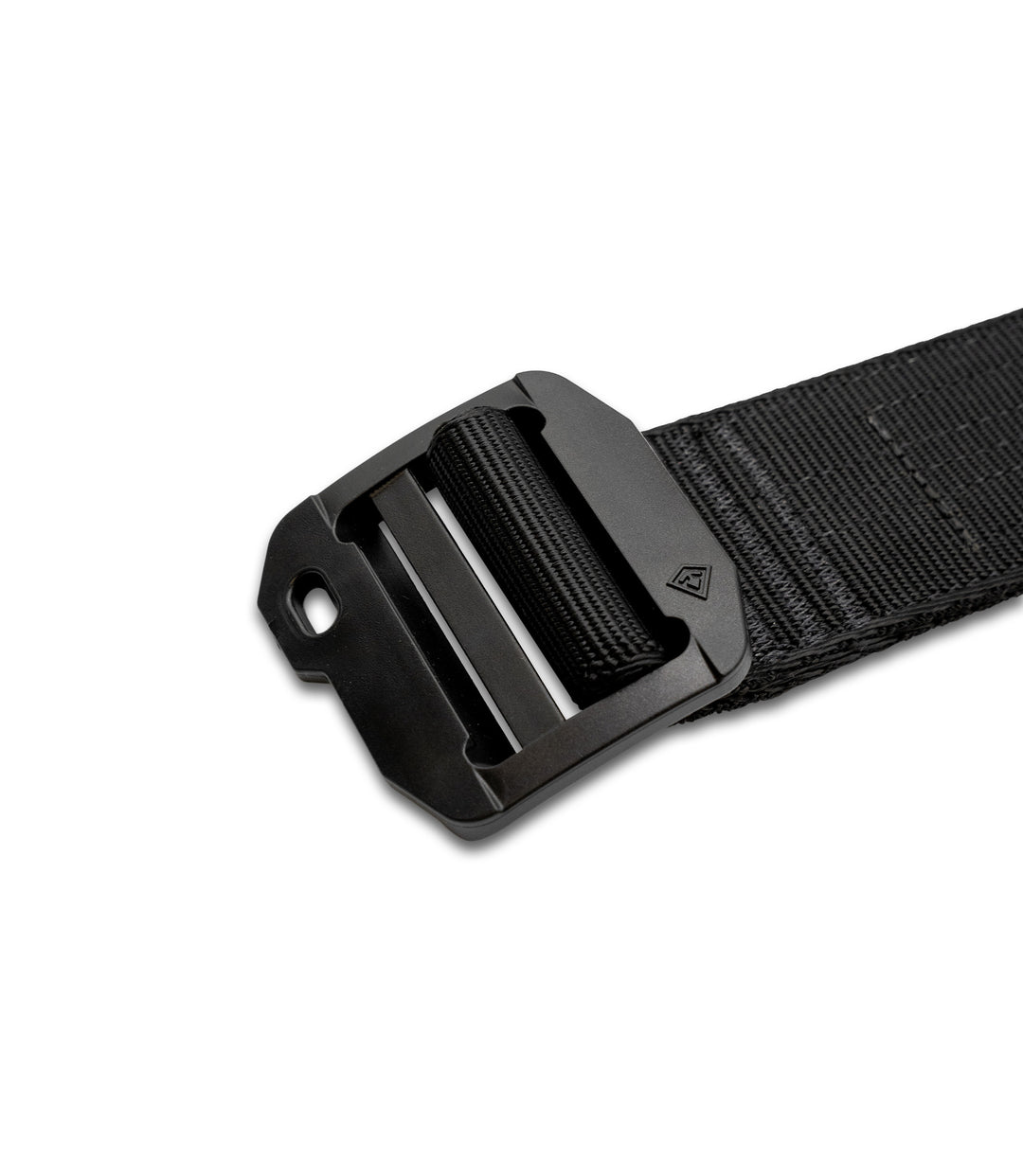 A close-up of a black tactical web belt with a matte black plastic quick-release buckle, shown on a clean white background |color_black