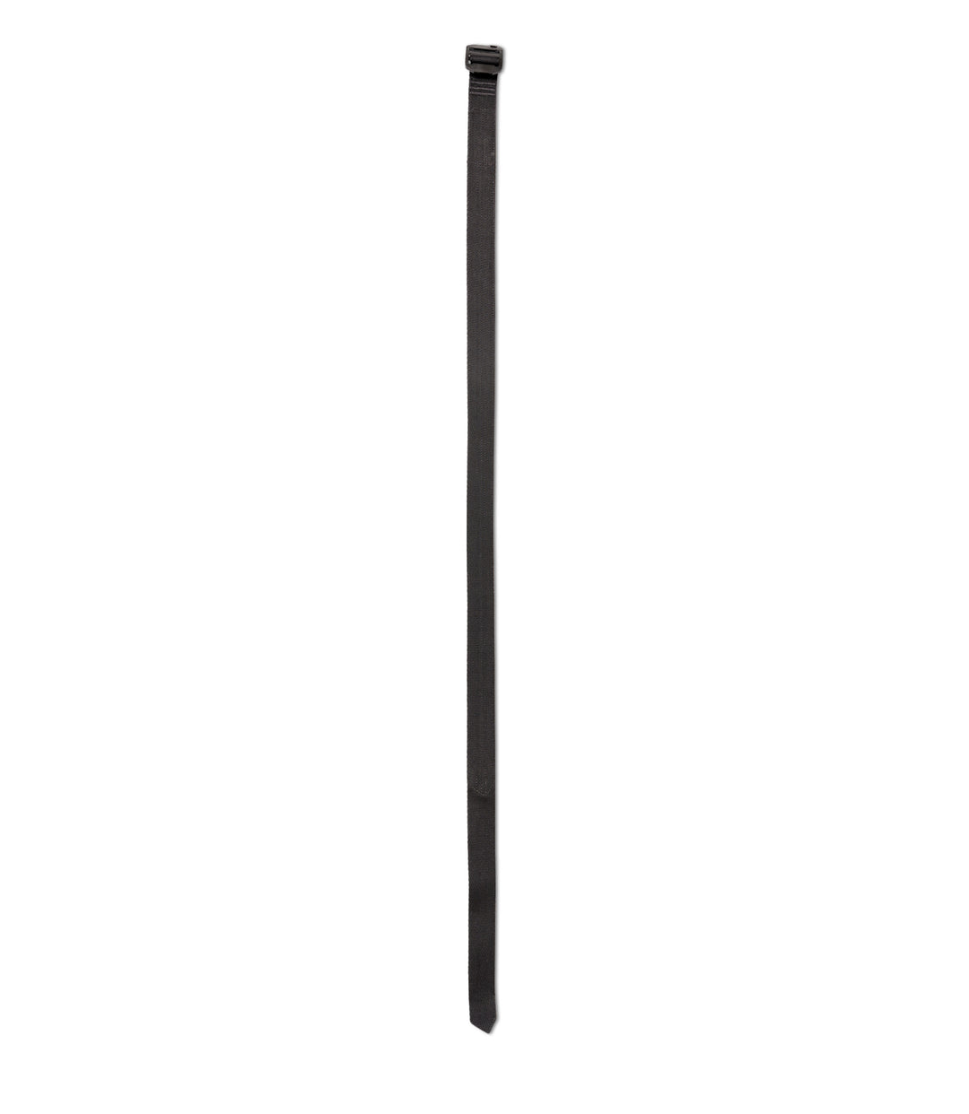 Full straight shape image of black belt with a black plastic buckle, shown vertically against a plain white background |color_black