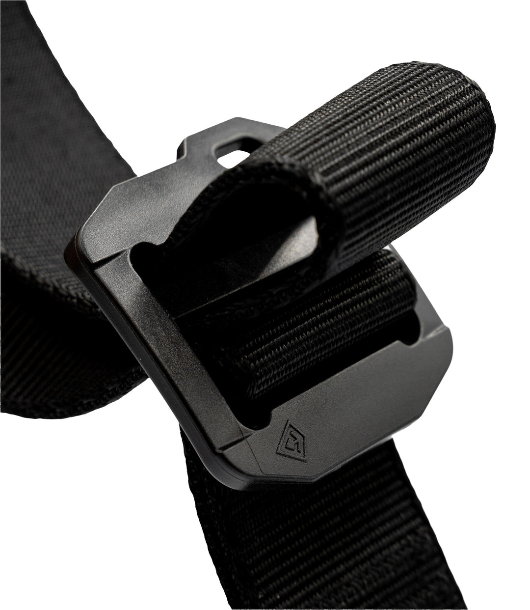 Close-up of a black adjustable webbing strap with a matte black plastic buckle, shown on a plain white background |color_black