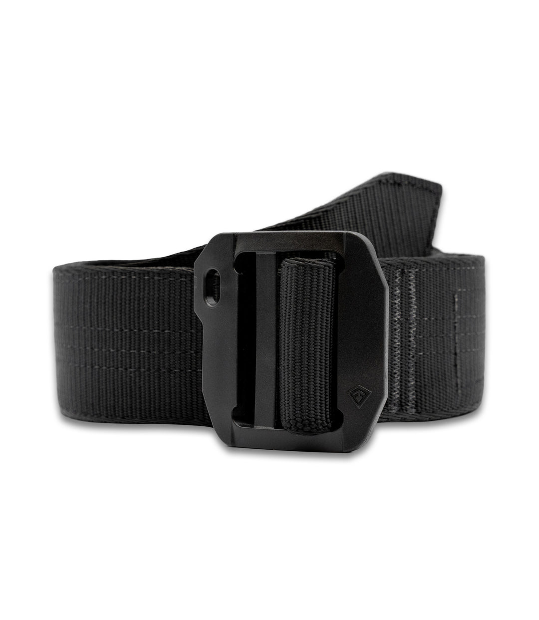 Front view of a black tactical belt with double bar buckle design for low profile lock, shown on a clean white background |color_black