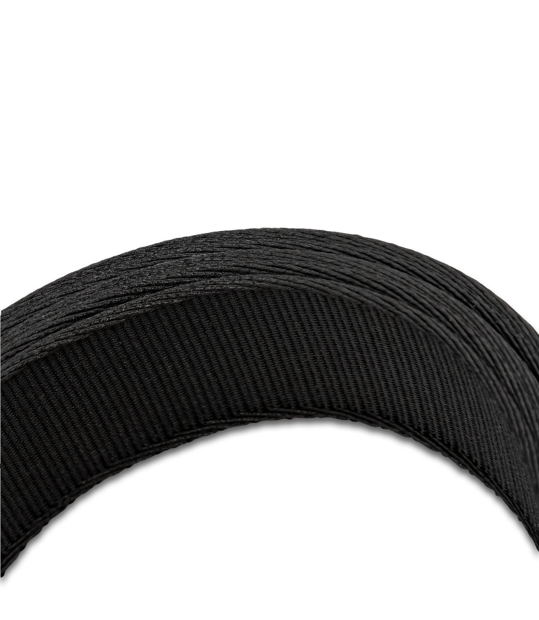 A close-up of a black textured double layer of heavy-duty nylon webbing elastic band, showing its ribbed woven pattern against a plain white background |color_black