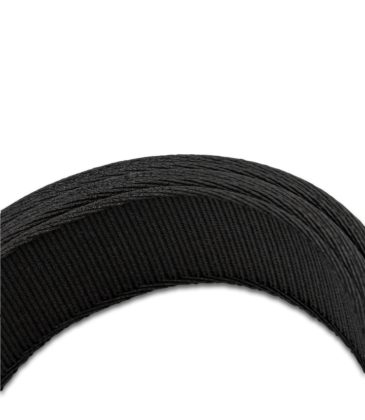 A close-up of a black textured double layer of heavy-duty nylon webbing elastic band, showing its ribbed woven pattern against a plain white background |color_black