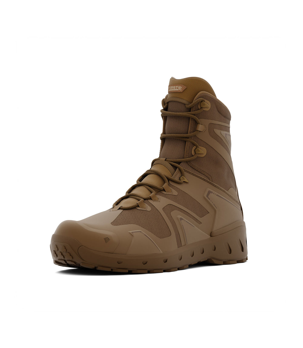 Front right side angle view of 8 inch side-zip boot in color coyote