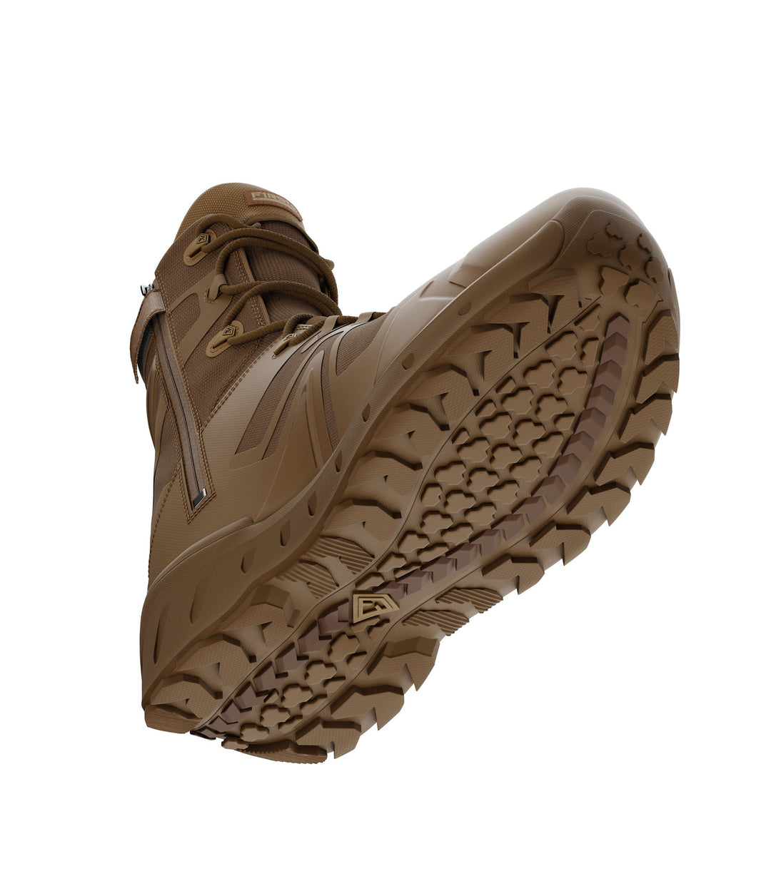 Bottom side view of 8 inch side-zip boot in color coyote