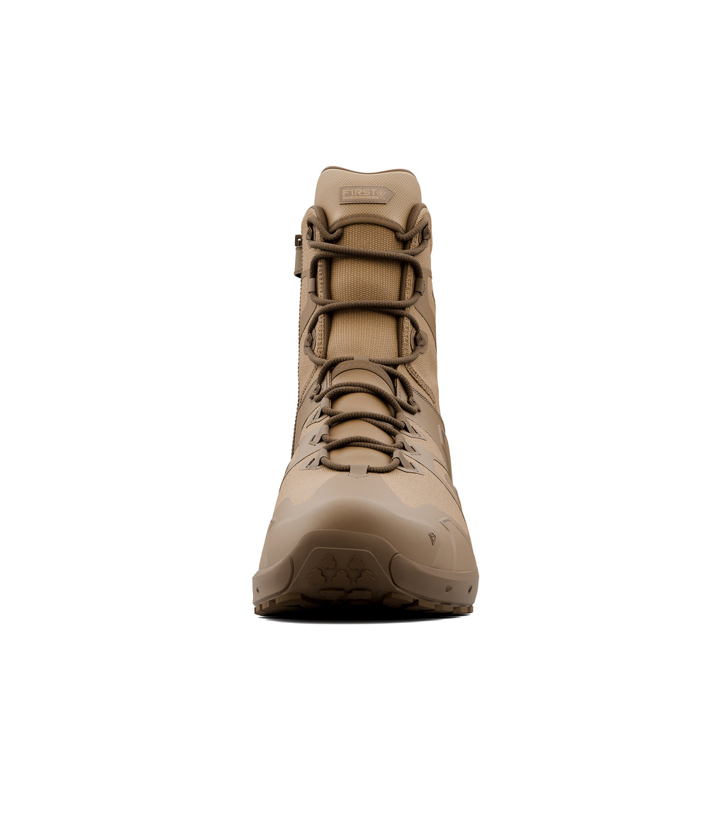 Front view of 8 inch side-zip boot in color coyote