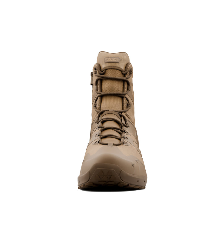 Front view of 8 inch side-zip boot in color coyote