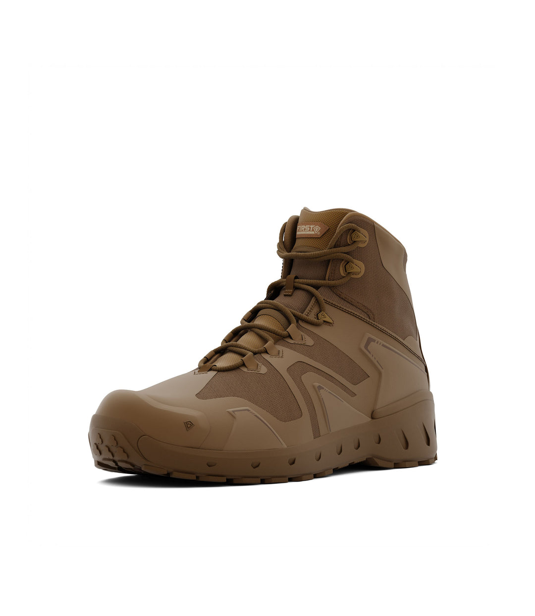 Front right side angle view of 5 inch side-zip mid boot in color coyote