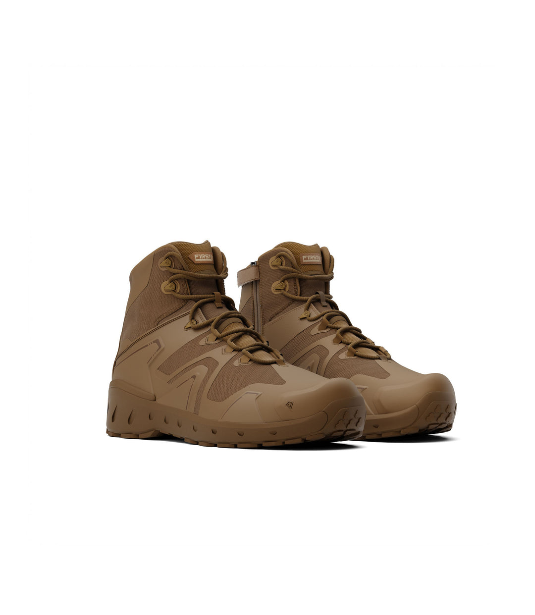 Left side by side boot view of 5 inch side-zip mid boot in color coyote